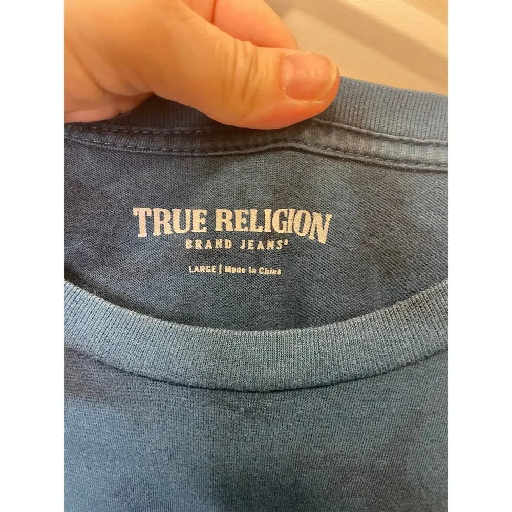 True Religion World Tour Blue Graphic Logo Buddha Crew Neck Tee Men's Large